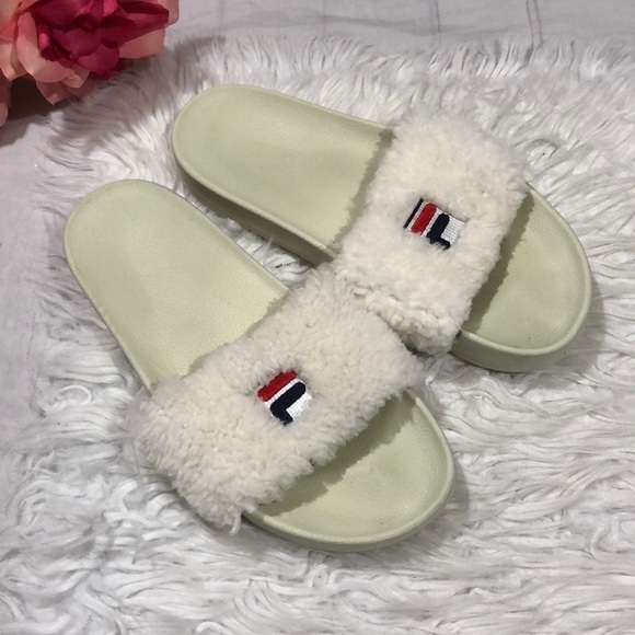 Fila x Baja East Cream Fuzzy Shearling Sherpa Drifter Blue Slide Sandals - Picture 1 of 10
